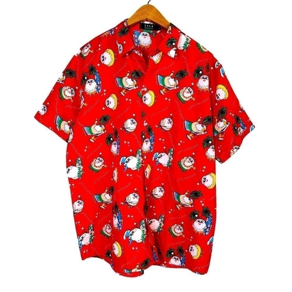 SSLR Men’s Collection Red Merry Christmas Santa Button Front Shirt Size XL